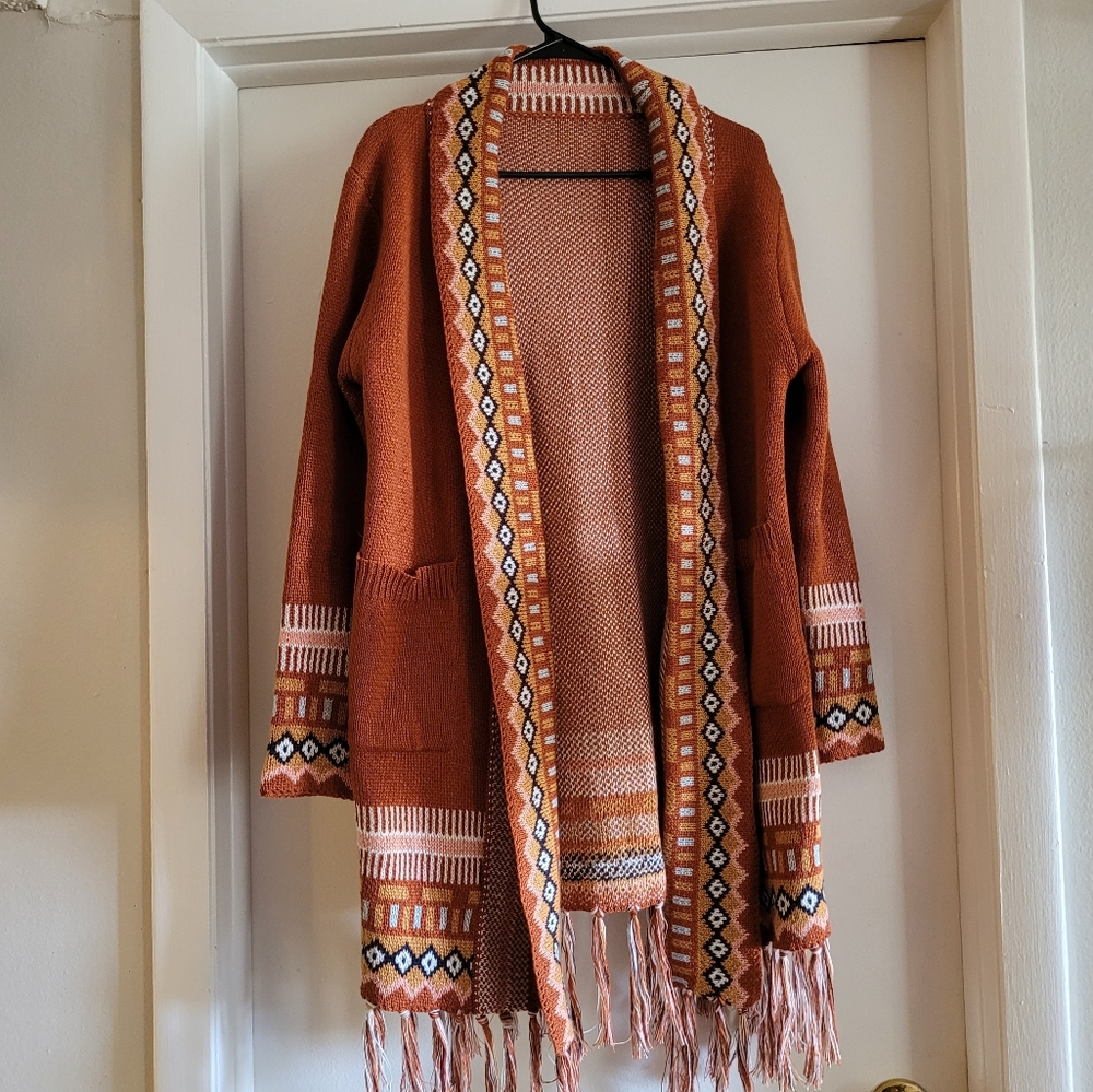 Bohemian Fringe Cardigan Sweater - Brown